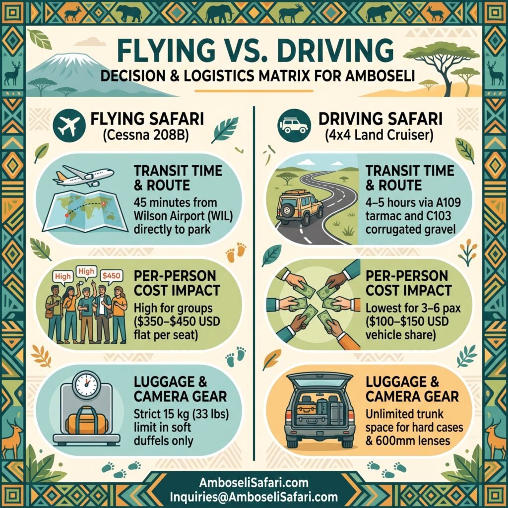 Infographic comparison between flying and driving to Amboseli, covering costs, travel time, and luggage limits.