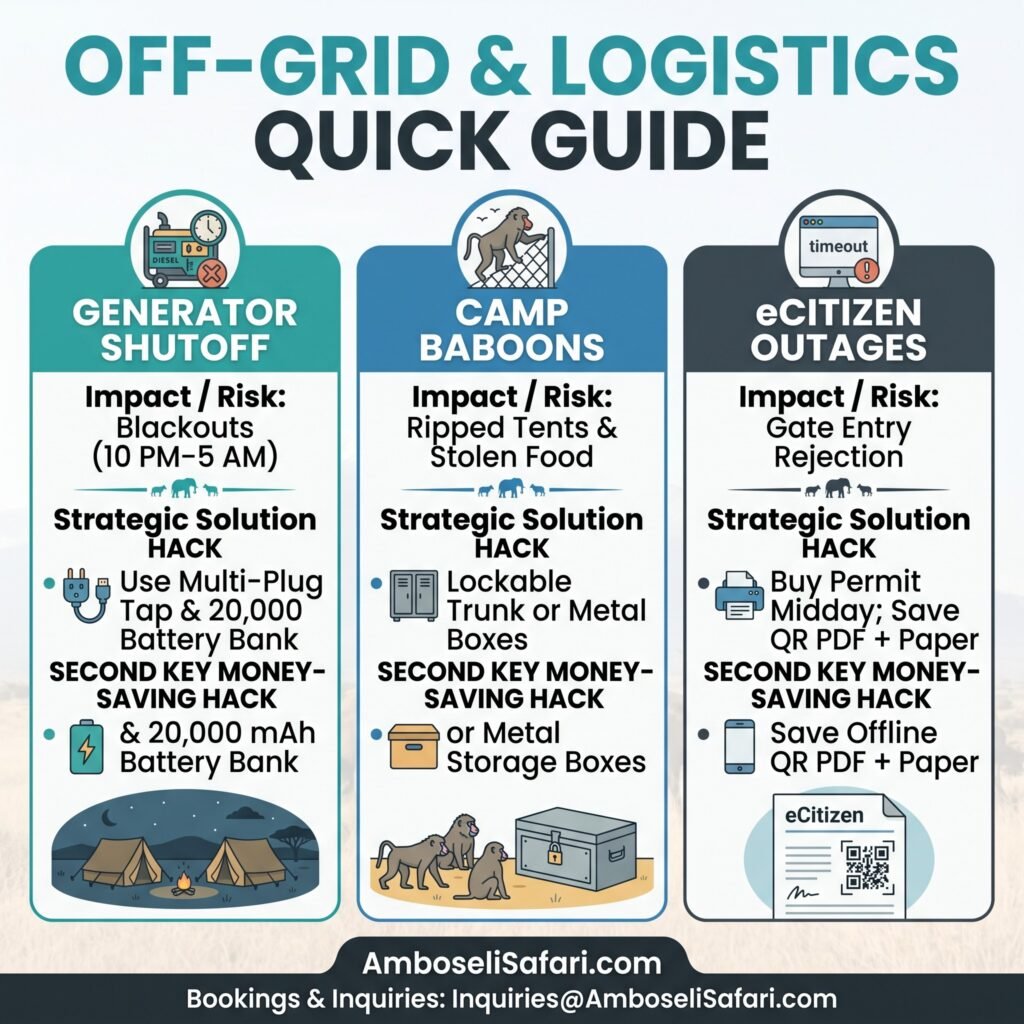 Infographic detailing generator hours, baboon safety solutions, and eCitizen park permit tips for Amboseli safari camps.