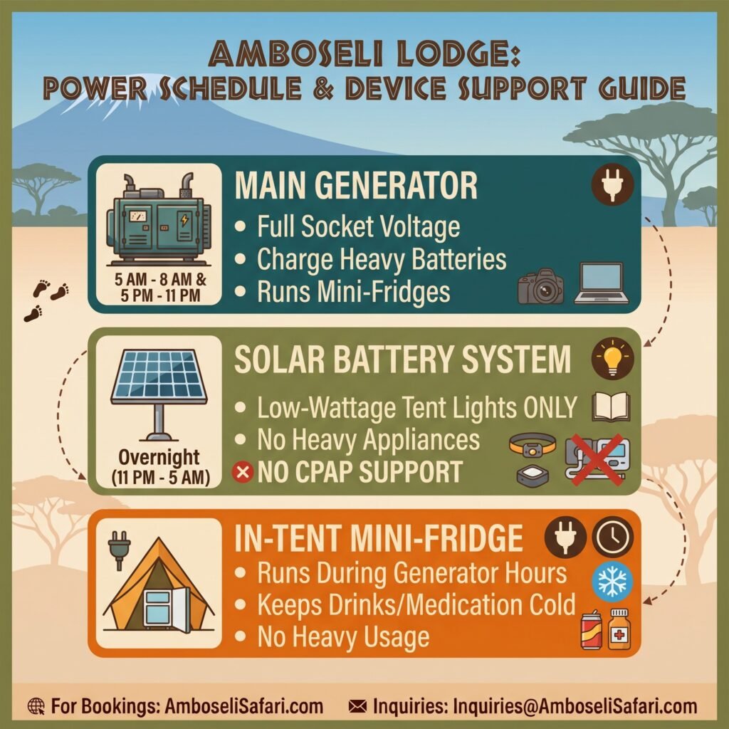Infographic outlining Sentrim Amboseli generator hours, solar limits, CPAP restrictions, and mini-fridge usage tips.