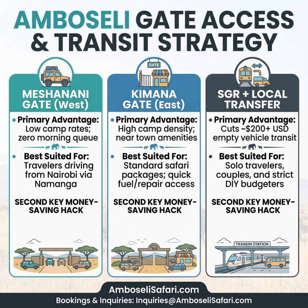 Infographic comparing Meshanani Gate, Kimana Gate, and SGR train transit strategies for budget Amboseli safaris.