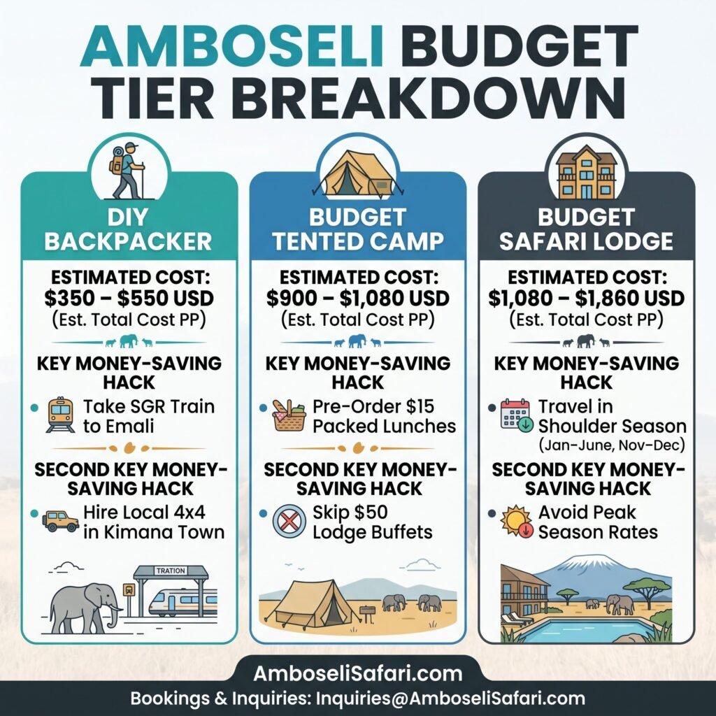 A price and hack comparison between DIY backpacker, budget tented camp, and safari lodge tiers in Amboseli.