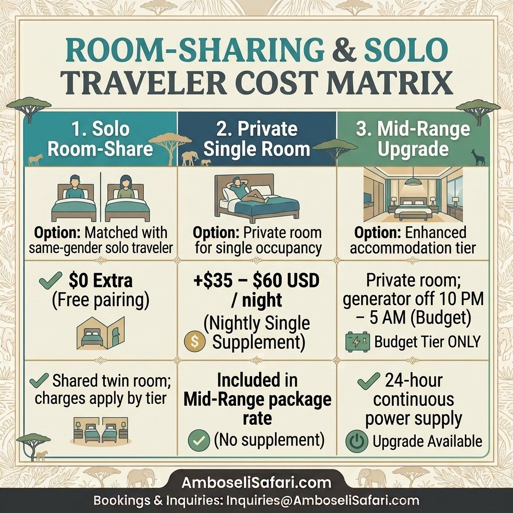 Infographic matrix showing solo traveler cost options: free same-gender room-sharing versus paying a private single supplement.