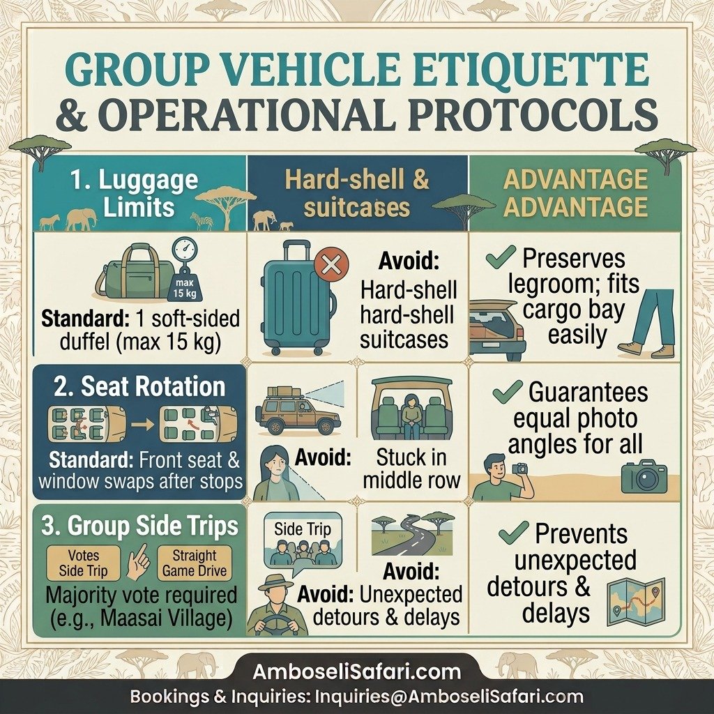 Infographic outlining luggage limits, seat rotation rules, and voting procedures for shared Amboseli safari vehicles.