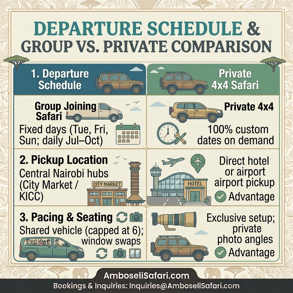 Infographic comparing departure schedules, pickup locations, pacing, and seating for group joining and private 4x4 safaris.