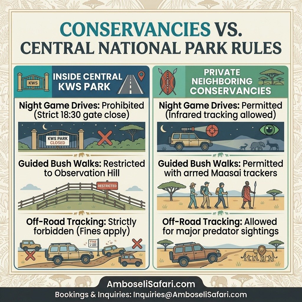 Infographic comparing night drives, bush walks, and off-road rules inside Amboseli National Park versus private conservancies.