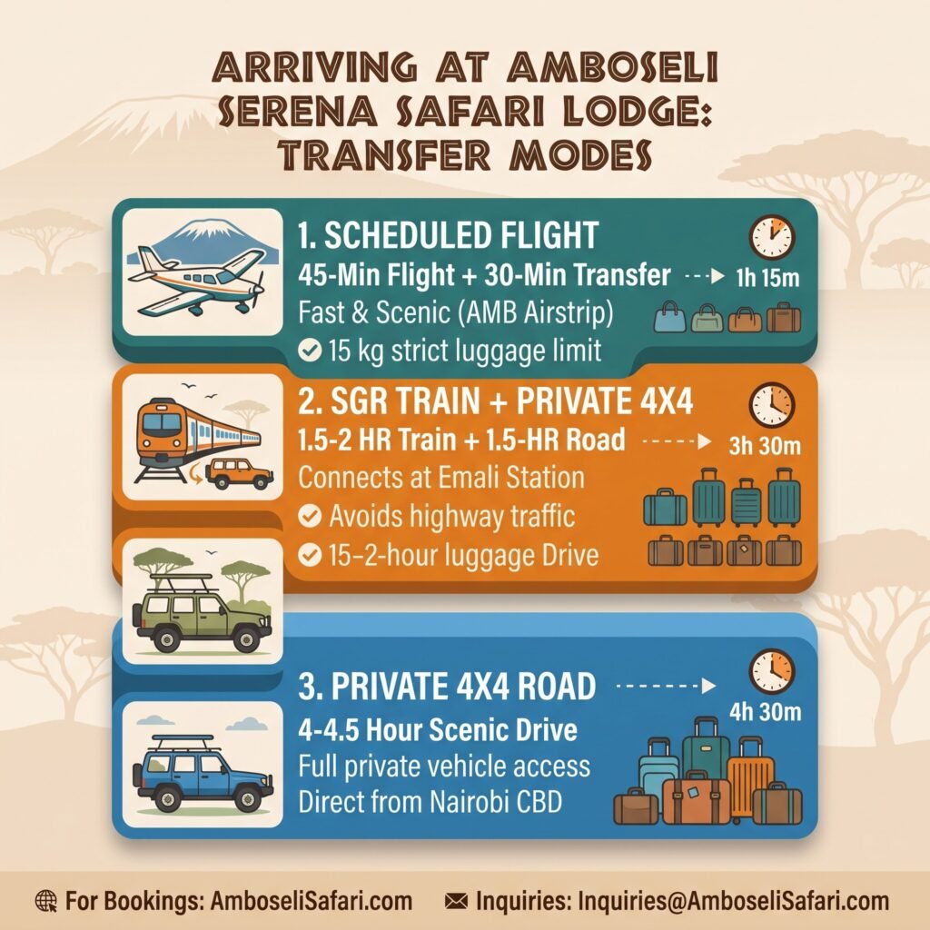 Infographic comparing flight, train, and road transfer options to Amboseli Serena Safari Lodge with estimated times.