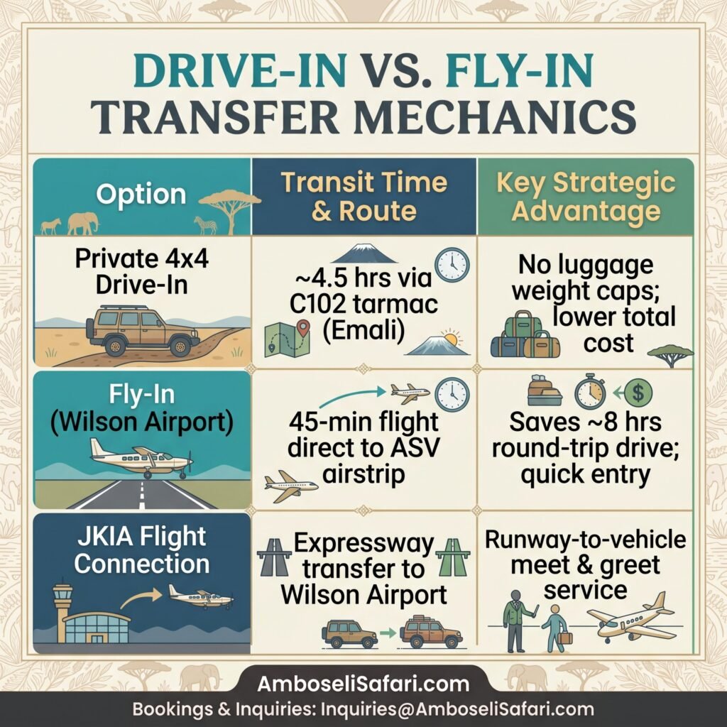 Infographic comparing travel times, routes, and benefits for drive-in and fly-in private Amboseli safari transfers.