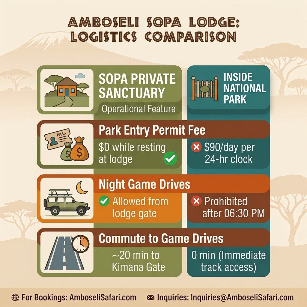 Infographic comparing Amboseli Sopa Lodge private sanctuary perks against inside-the-park operational rules and fees.
