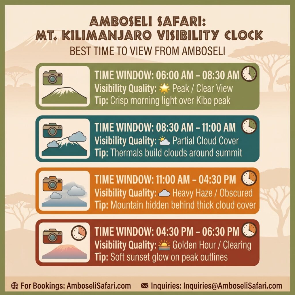 Infographic detailing hourly Mount Kilimanjaro visibility windows and photographic tips from Amboseli Sopa Lodge.
