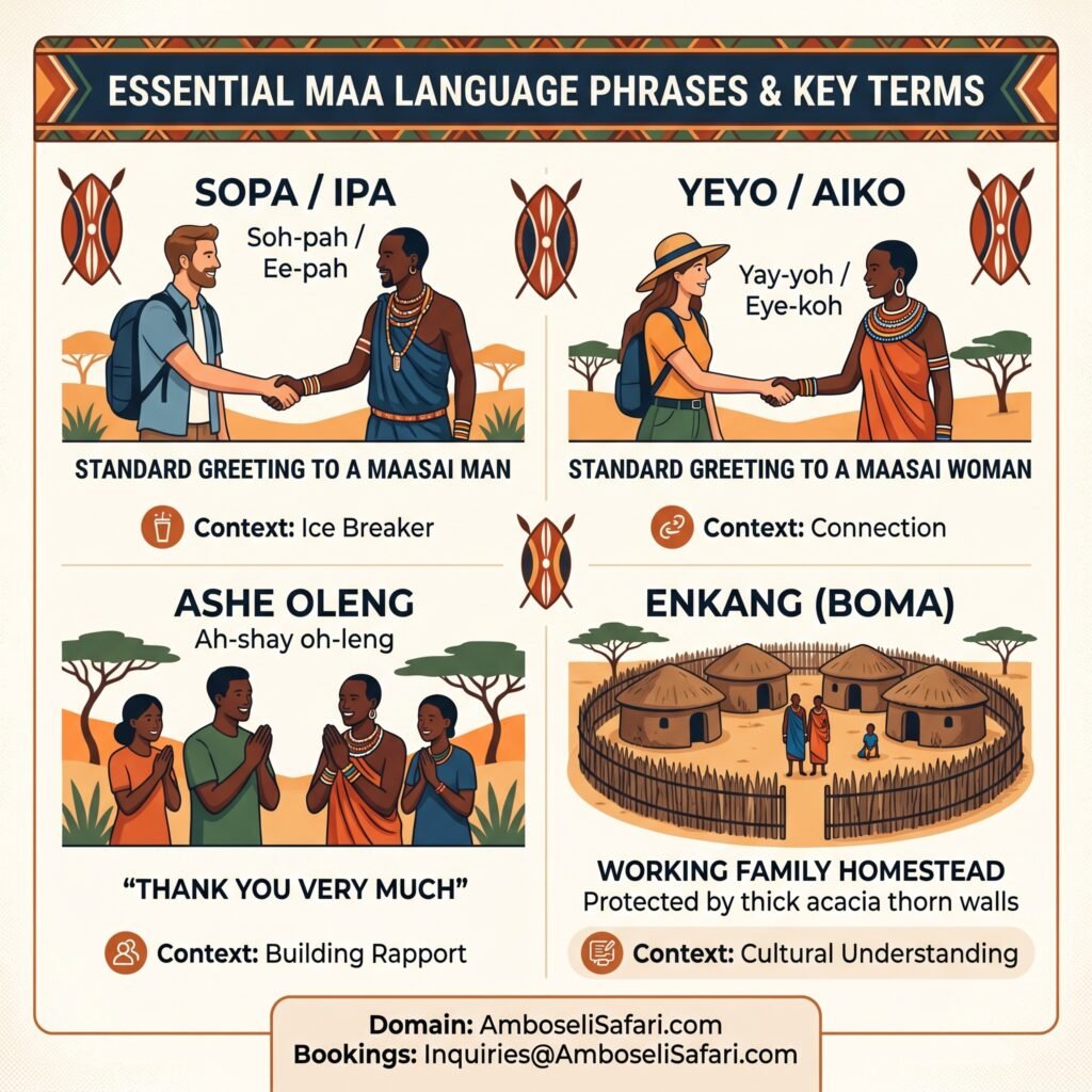 Infographic with four illustrated panels teaching basic Maa language greetings, thank you, and definition of a homestead.