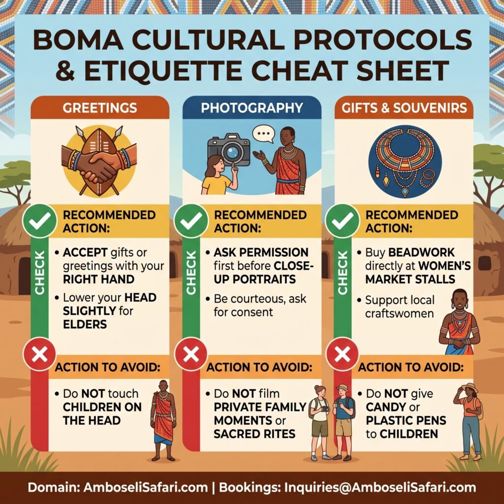 Infographic cheat sheet listing recommended actions and actions to avoid for Greetings, Photography, and Gifts when visiting a Boma.