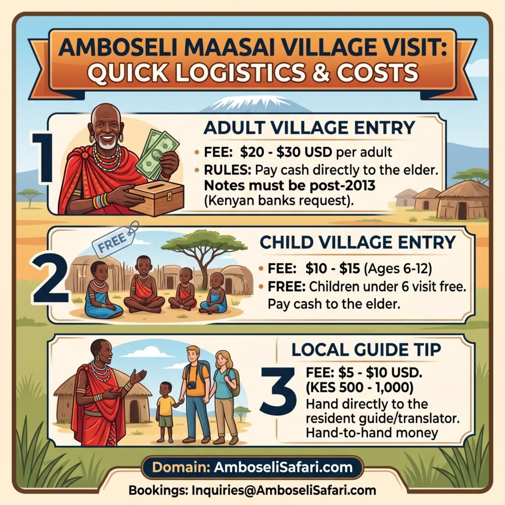 Square infographic summarizing adult and child entry fees and guide tips for Amboseli Maasai village visits.