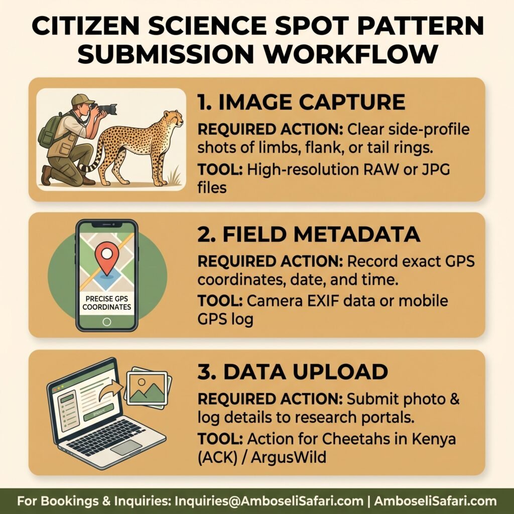 Infographic illustrating the 3-step citizen science workflow for capturing, logging, and uploading cheetah spot identification photos.