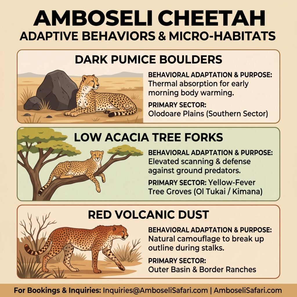 Infographic detailing cheetah thermal warming, tree-climbing vantage points, and dust camouflage adaptations across Amboseli micro-habitats.