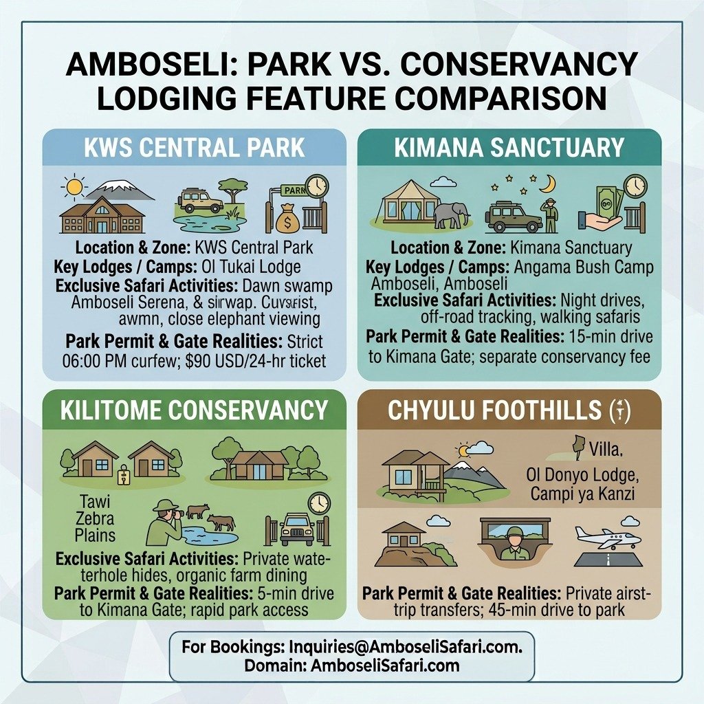 Infographic matrix comparing location, activities, permits, and gate realities for Amboseli park lodges versus private conservancies.